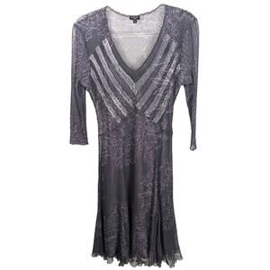 Komarov Gray Purple Midi Dress Sheer Floral Printed Crinkle Slip Size Large